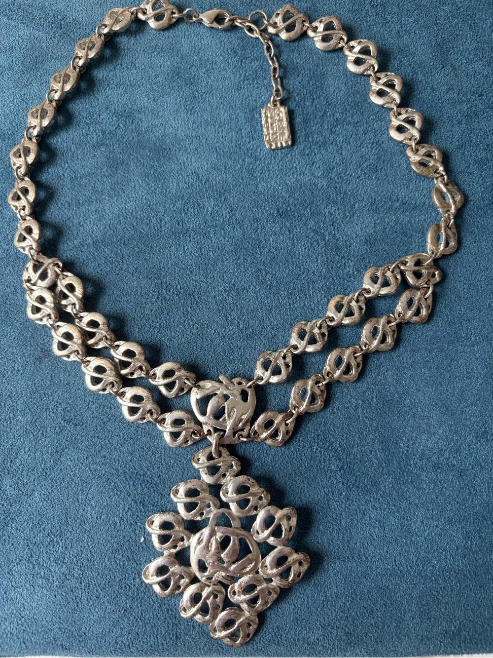 Karine Sultan Signed SilverTone Statement Necklace Double Strand Pendan